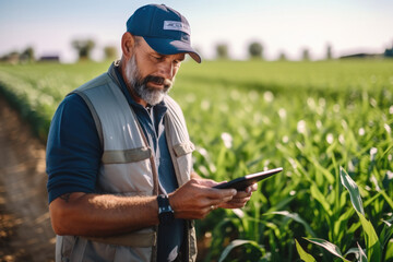 Farmer using a digital tablet to review harvest and crop performance in a corn field. - obrazy, fototapety, plakaty