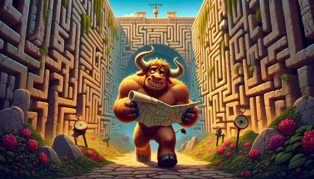 A whimsical animated art piece featuring a Minotaur in a labyrinth, perfect for a desktop background with a 16:9 image ratio.