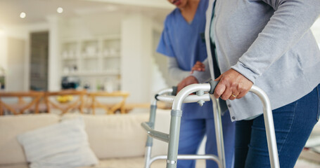 Senior woman, person with disability and walker for nurse, couch, walking frame and elderly care....