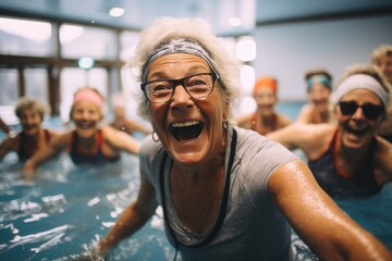 Retired lifestyle, Group active senior women enjoying aqua fit class in a pool. - obrazy, fototapety, plakaty