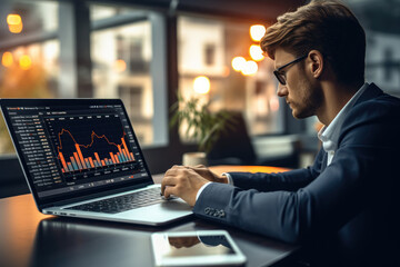 Businessman analyzing investment charts with laptop computer, Accounting and finance, Business strategy analysis concept.