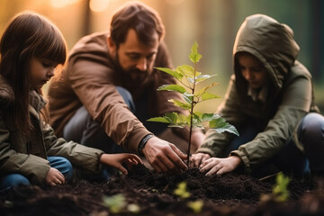 A family planting a tree in a serene forest. - obrazy, fototapety, plakaty