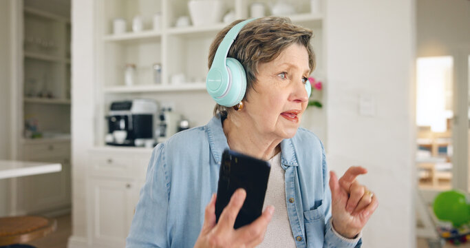 Mobile, Headphones Or Old Woman Listening To Radio Playlist To Relax In House To Enjoy Retirement. Home, Freedom Or Senior Person On Break Dancing, Singing Or Streaming Music, Song Or Audio Alone