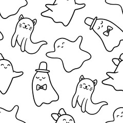 Vector Seamless pattern with simple cute ghost, outline illustration isolated on white. Ghost girl with bow, cat.
