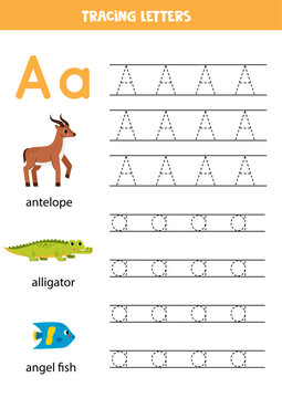Tracing alphabet letters for kids. Animal alphabet. A is for alligator antelope and angel fish.