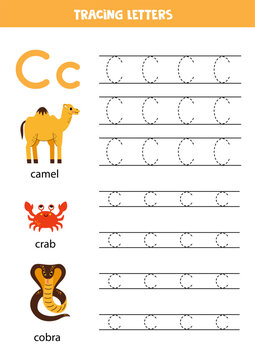Tracing alphabet letters for kids. Animal alphabet. Letter c is for camel crab and cobra.