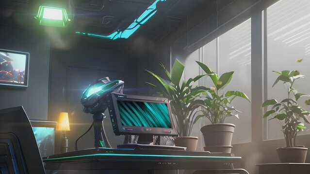 Futuristic room with cool computer desk setup and tropical plants. 3D Cartoon painting illustration style. seamless looping 4K time-lapse virtual video animation background.