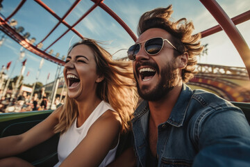 Couple on a rollercoaster, Summer vacation, Excited couple enjoying a thrilling rollercoaster at an amusement park. - obrazy, fototapety, plakaty