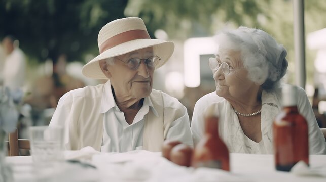 On a sunny day, a happy senior couple enjoying a healthy lunch together outside. 
