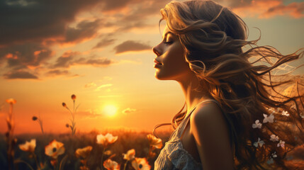 Woman relax at grass field on sunset sky background. Generative ai.