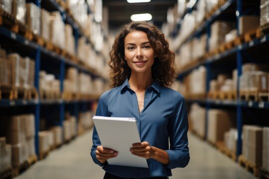 Businesswoman is working in distribution warehouse, Showcasing her leadership skills, Efficiency and expertise in logistics.
