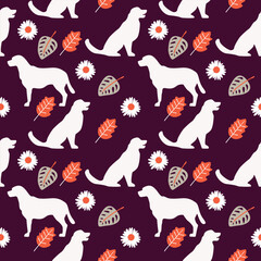 Seamless vector pattern with a dog on a floral background. seamless dog with tropical leaves. floral seamless pattern with leaves