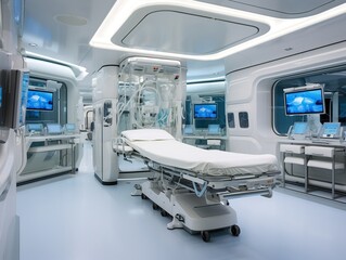 AI-Controlled Medical Bay: A futuristic facility with robotic beds, holographic displays, and advanced medical tech in a sterile environment.