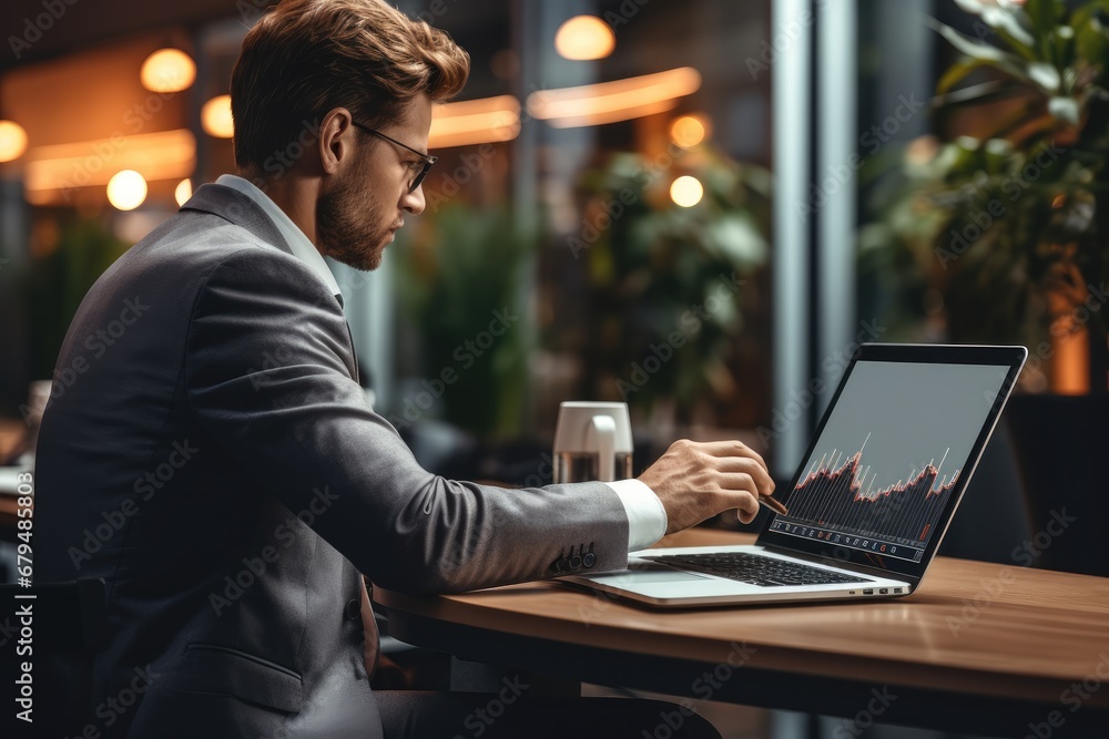 Aufkleber Business man using laptop computer working with analysis business data market share, Report information review, Business strategy analysis concept.