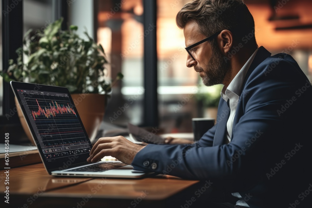 Aufkleber Business man using laptop computer working with analysis business data market share, Report information review, Business strategy analysis concept.