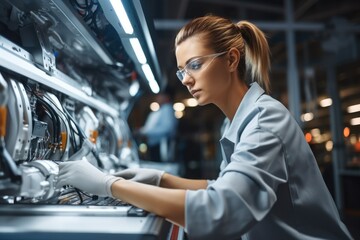 Female worker is working in a modern automotive manufacturing setting. - obrazy, fototapety, plakaty
