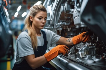 Female worker is working in a modern automotive manufacturing setting. - obrazy, fototapety, plakaty