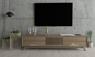 Sala de estar con TV y mueble de madera con pared de hormigón. intemperie. Renderizado 3D. decoración.
