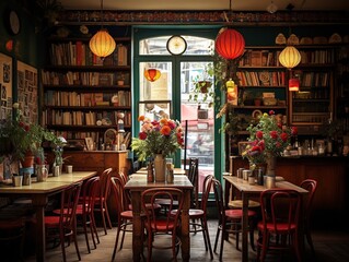 Fototapeta na wymiar Café des Artistes, a bohemian-inspired coffee shop in Montmartre, features eclectic furniture, vintage artwork, and a shabby chic aesthetic.