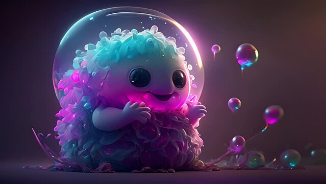 Cute cartoon monster character holding a blank sign. Created with generative AI.	