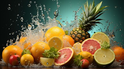 Exotic juicy fruits pineapple, mango, banana, limes, refreshing mix freshly, squeezed juice