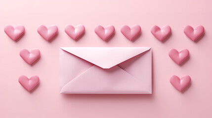 Love letter envelope with paper craft hearts, flat lay on pink valentines. generative ai
