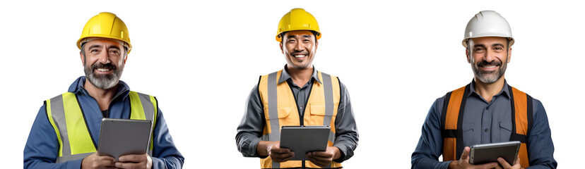 Set of Portrait of a middle aged man engineer smiling and wearing a helmet. hand holding using tablet computer, isolated on white background, png