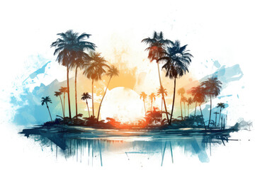 Illustration of palm trees on the beach with ocean sea, watercolor painting of palm trees isolated on white background