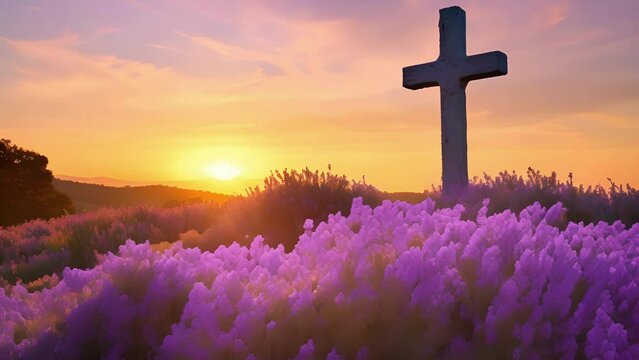 The last rays of the sun casting a warm, golden glow on the silhouette of a cross, surrounded by a serene, lavendercolored sky.