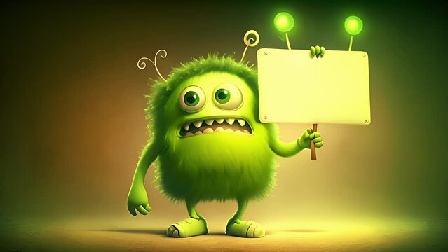 Cute cartoon monster character holding a blank sign. Created with generative AI.	
