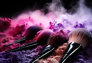Makeup brushes on a scattering of makeup shadows of various colors. Generated by AI.