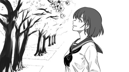 桜を見る白いセーラー服の女子生徒の横顔・桜並木（モノクロ）