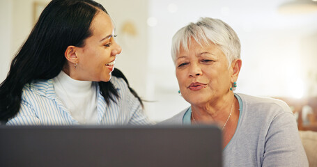Woman, elderly mom and laptop with teaching, reading and typing for email notification, web or search. Computer, senior mother and daughter with click, learning and family home lounge on social media