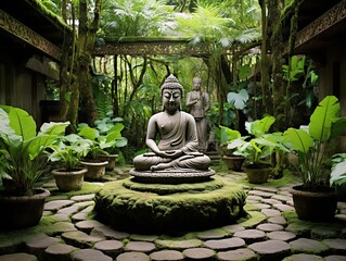 Discover the Buddha Garden Spa—an outdoor sanctuary with lush gardens, tranquil water feature, and serene Buddha statues.