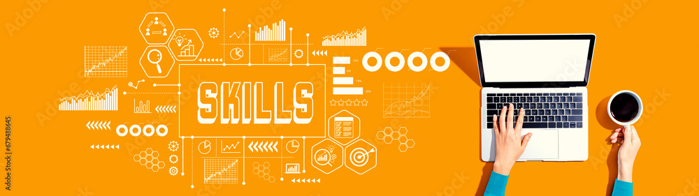 Poster skills theme with person using a laptop computer