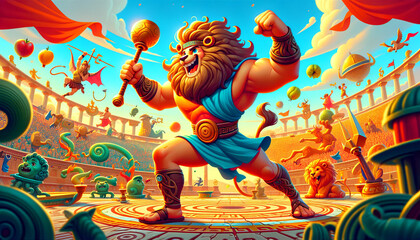 A whimsical animated art piece featuring Hercules, ideal for a desktop background with a 16:9 image ratio.