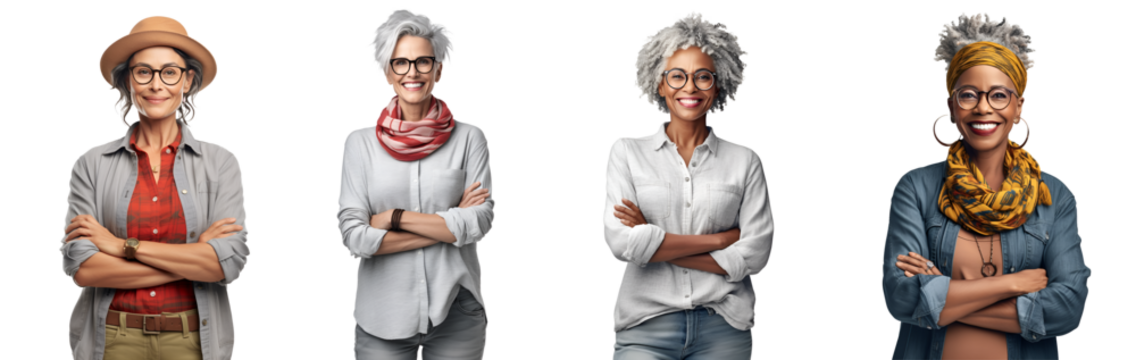 Set of Portrait of a middle aged woman happy smiling and standing posing arms crossed, isolated on white background, png