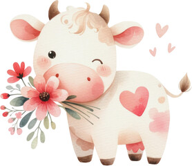 Cute Watercolor Farm Life Animals Cow Cattle Ox Valentines Day Barnyard Countryside Livestock Farmhouse Clipart