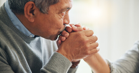 Home, kissing hand and senior couple with love, marriage and romance with celebration, bonding together and care. Support, old man and elderly woman with relationship, anniversary and trust with joy