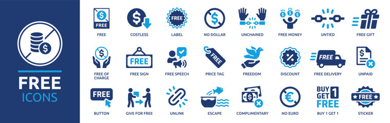 Free icon set. Containing freedom, no dollar, discount, costless, unpaid, complimentary, gratis, free sign and more. Solid vector icons collection.