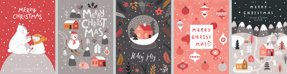 Christmas card set - hand drawn cute flyers. Postcards with lettering and Christmas graphic elements. Xmas prints.