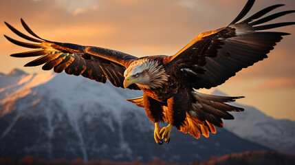 Eagle bird flying at nature lake on sunset sky background. Aninmal and freedom concept. Generative ai. - obrazy, fototapety, plakaty
