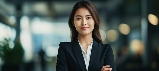 Young confident smiling Asian business woman leader, successful entrepreneur, professional company executive ceo manager, wearing suit standing in office with arms crossed. Made with generativ ai - obrazy, fototapety, plakaty