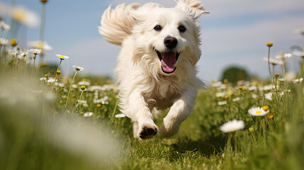 Happy dog running at the camera in a blossoming flower meadow on sunny summer day.