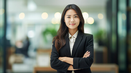 Young confident smiling Asian business woman leader, successful entrepreneur, professional company executive ceo manager, wearing suit standing in office with arms crossed. Made with generativ ai