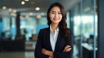 Young confident smiling Asian business woman leader, successful entrepreneur, professional company executive ceo manager, wearing suit standing in office with arms crossed. Made with generativ ai