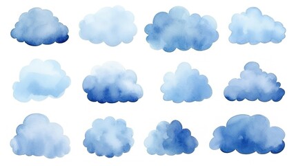 Abstract pattern of watercolor clouds on white background. Set of vector pastel colored paint stains