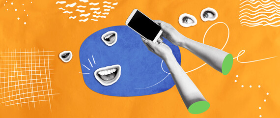 Person using a smartphone with eyes and mouth - Photo collage design