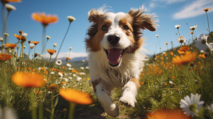 Happy dog running at the camera in a blossoming flower meadow on sunny summer day.