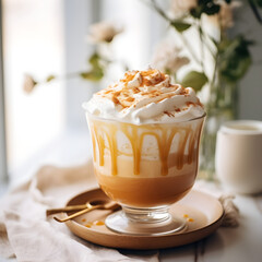 A latte with salted caramel and whipped cream
